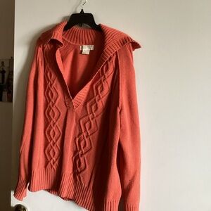 Michael Kors Coral V-Neck Cable Knit Sweater with Collar
